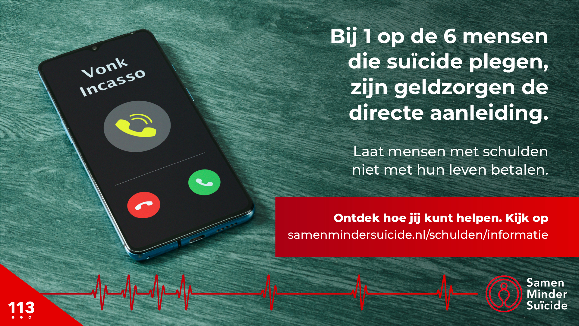 113 Zelfmoordpreventie vandaag de campagne ‘Laat mensen met schulden niet met hun leven betalen’. Want mensen met schulden blijken twee keer zo vaak suïcidaal als mensen zonder schulden.